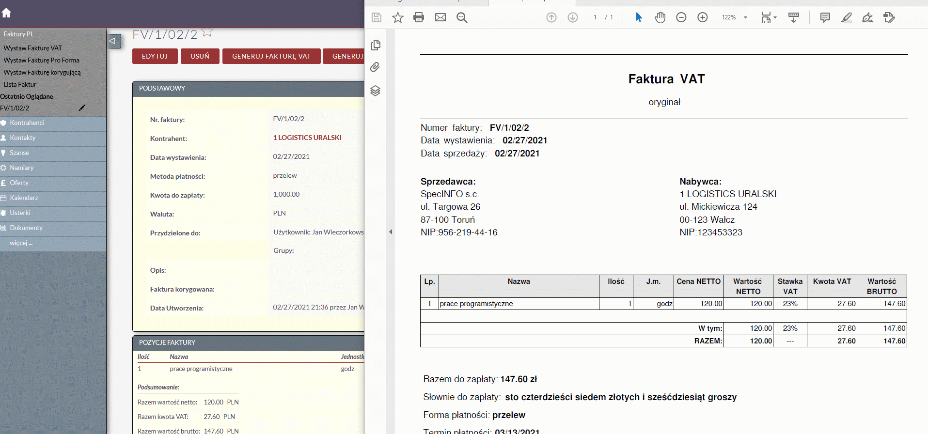 Faktury w SuiteCRM